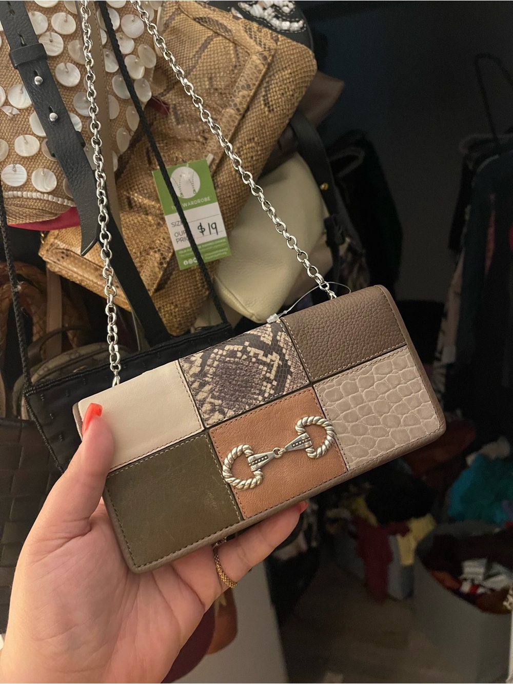 Brighton Patchwork Leather Chain Crossbody Bag in Neutral Multi-Color